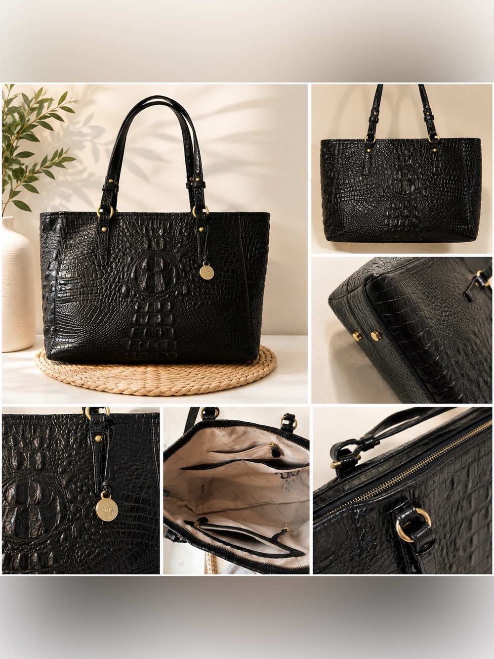 Brahmin Black Croc-Embossed Leather Tote – Elegant & Classic w/dust bag